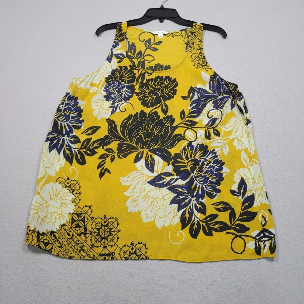 Cabi Womens XL Yellow Floral Silk Blend Sleeveless Tank Top Blouse Style 286